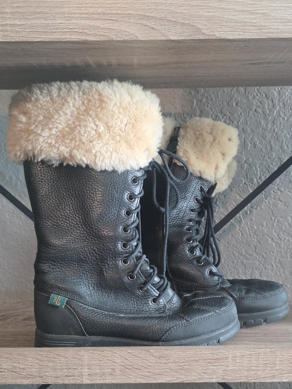 Black Leather Shearling-Lined Lace-Up Winter Boots